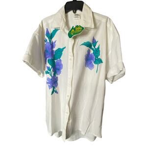 Madlee Original XS Hibiscus Floral Button Down Australian Made White Cotton New